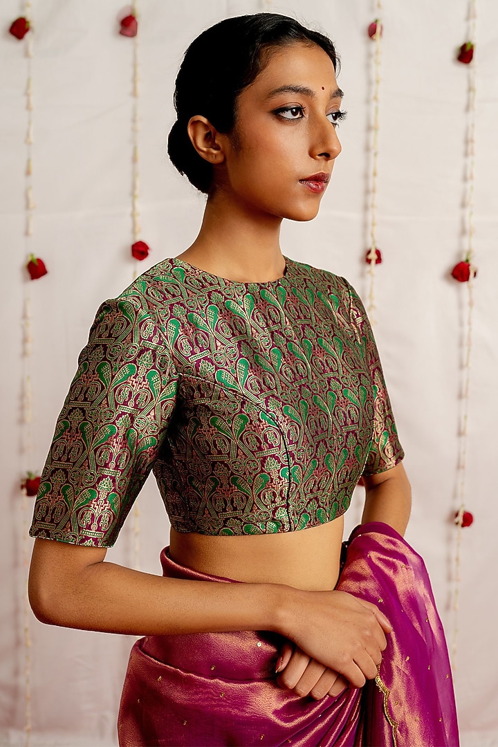 Green Brocade Silk Woven Blouse by Mimamsaa at Pernia's Pop Up Shop