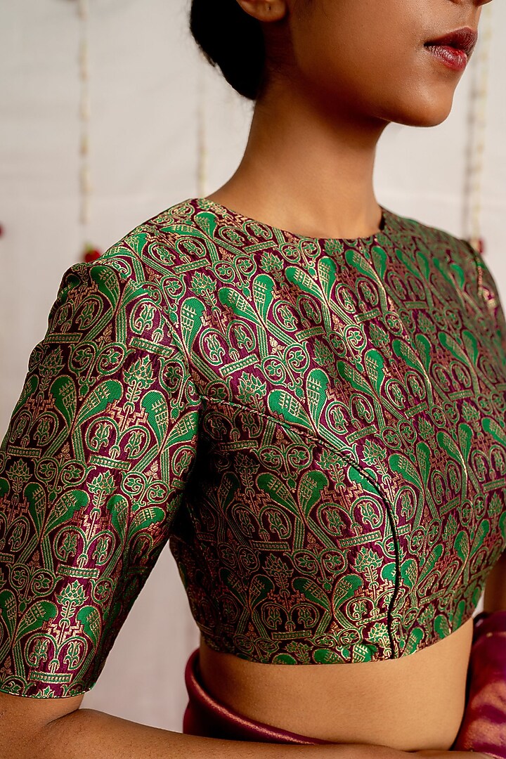 Green Brocade Silk Woven Blouse by Mimamsaa at Pernia's Pop Up Shop
