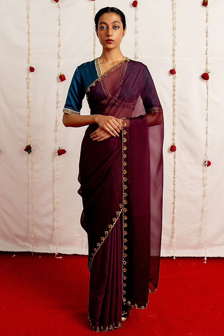 Burgundy Organza Silk Embroidered Woven Saree Set by Mimamsaa at Pernia's Pop Up Shop