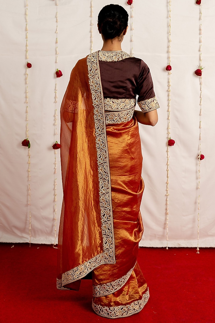 Burnt Red Tissue Silk Embroidered Woven Reception Saree Set by Mimamsaa at Pernia's Pop Up Shop