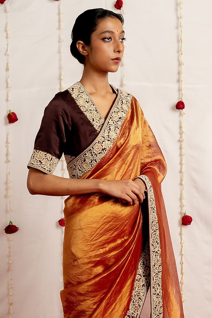 Burnt Red Tissue Silk Embroidered Woven Reception Saree Set by Mimamsaa at Pernia's Pop Up Shop