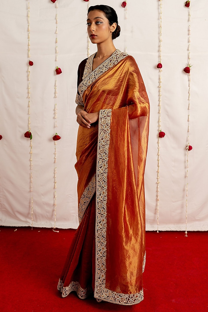 Burnt Red Tissue Silk Embroidered Woven Reception Saree Set by Mimamsaa at Pernia's Pop Up Shop