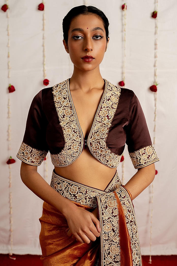 Chocolate Brown Satin Silk Embroidered Woven Blouse by Mimamsaa