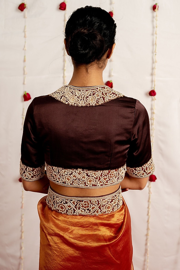 Chocolate Brown Satin Silk Embroidered Woven Blouse by Mimamsaa at Pernia's Pop Up Shop