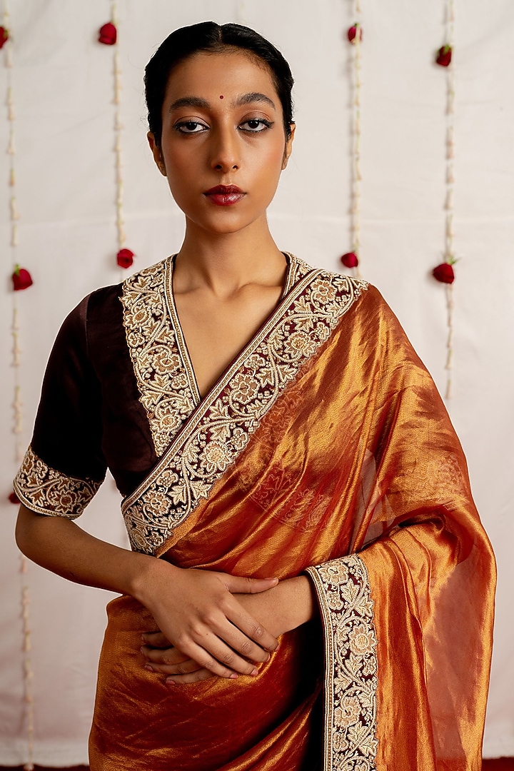 Chocolate Brown Satin Silk Embroidered Woven Blouse by Mimamsaa at Pernia's Pop Up Shop