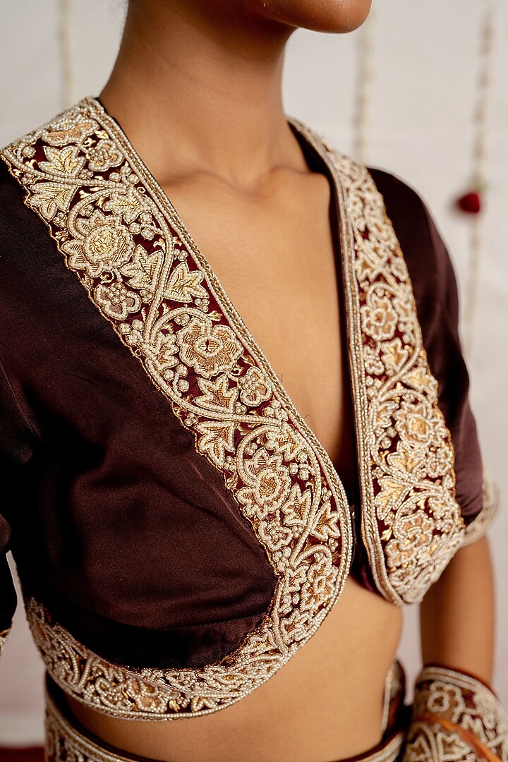 Chocolate Brown Satin Silk Embroidered Woven Blouse by Mimamsaa at Pernia's Pop Up Shop