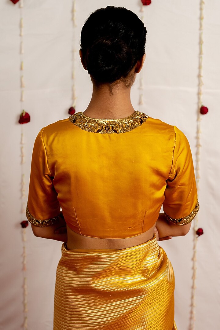 Mustard Satin Silk Embroidered Woven Blouse by Mimamsaa at Pernia's Pop Up Shop