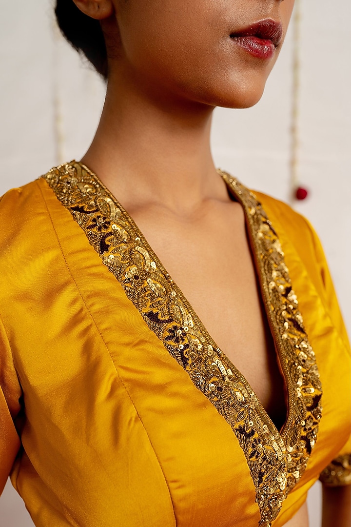Mustard Satin Silk Embroidered Woven Blouse by Mimamsaa at Pernia's Pop Up Shop