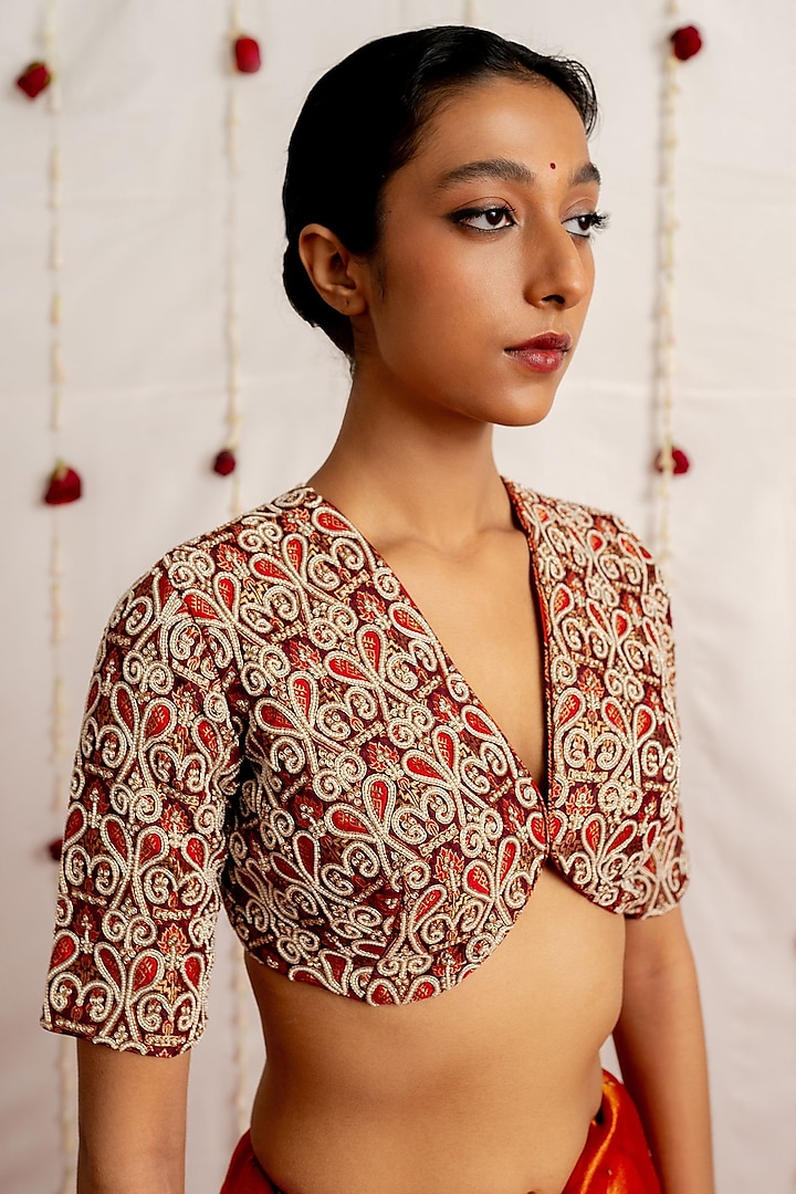Red & Ivory Brocade Silk Embroidered Woven Blouse by Mimamsaa