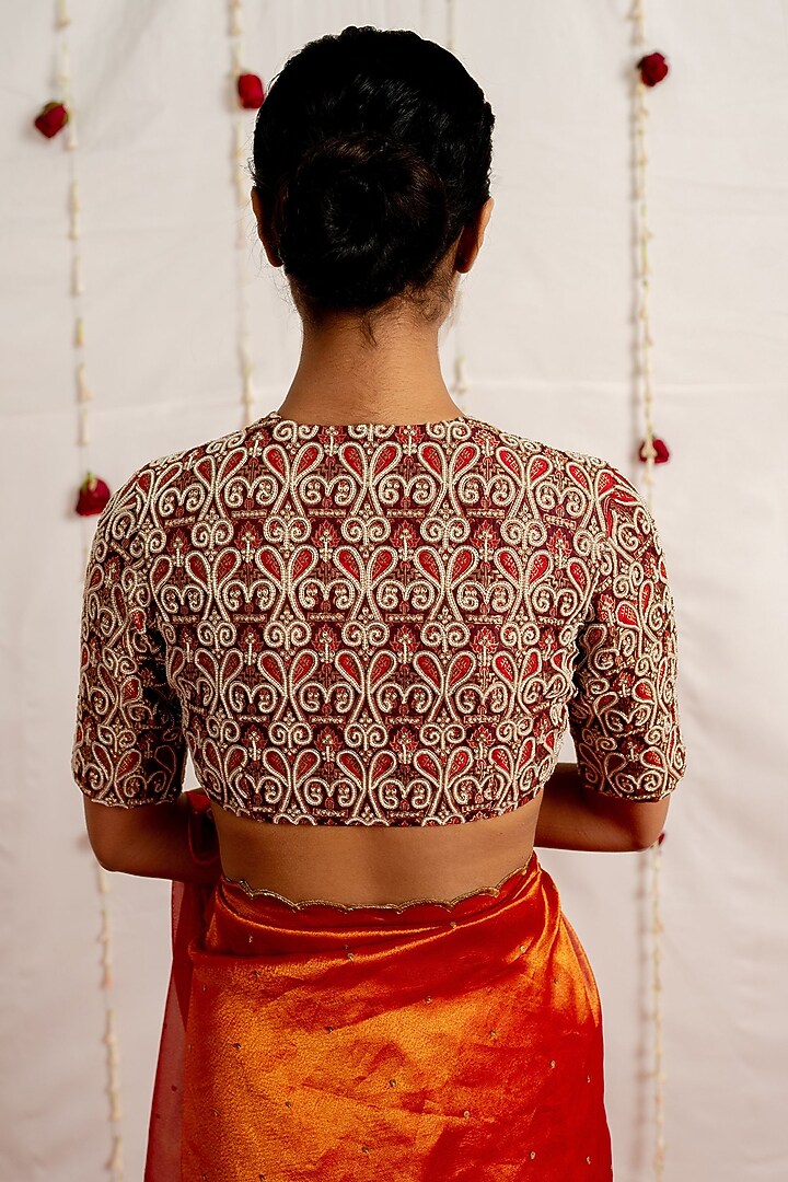 Red & Ivory Brocade Silk Embroidered Woven Blouse by Mimamsaa at Pernia's Pop Up Shop