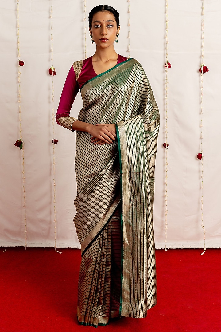 Green Tissue Silk Embroidered Woven Saree by Mimamsaa at Pernia's Pop Up Shop