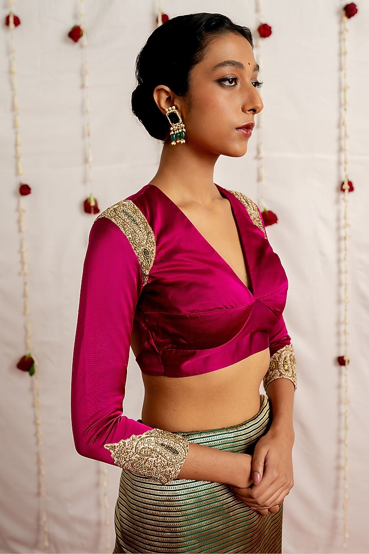 Magenta Satin Silk Embroidered Woven Blouse by Mimamsaa at Pernia's Pop Up Shop
