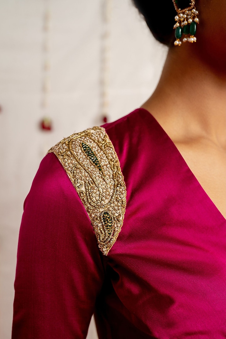 Magenta Satin Silk Embroidered Woven Blouse by Mimamsaa at Pernia's Pop Up Shop