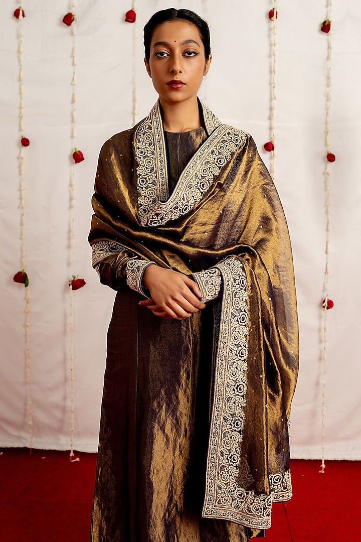 Charcoal Tissue Silk Embroidered Woven Dupatta by Mimamsaa