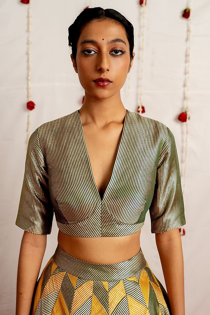 Green Satin Silk Woven Blouse by Mimamsaa