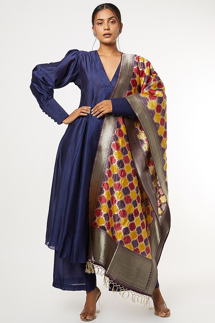 Navy Blue Silk Chanderi Flared Kurta Set by Mimamsaa at Pernia's Pop Up Shop