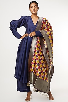 Navy Blue Silk Chanderi Flared Kurta Set by Mimamsaa-VOLUMINOUS SLEEVES