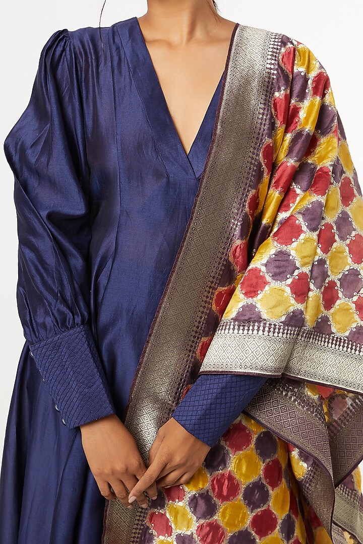 Navy Blue Silk Chanderi Flared Kurta Set by Mimamsaa at Pernia's Pop Up Shop