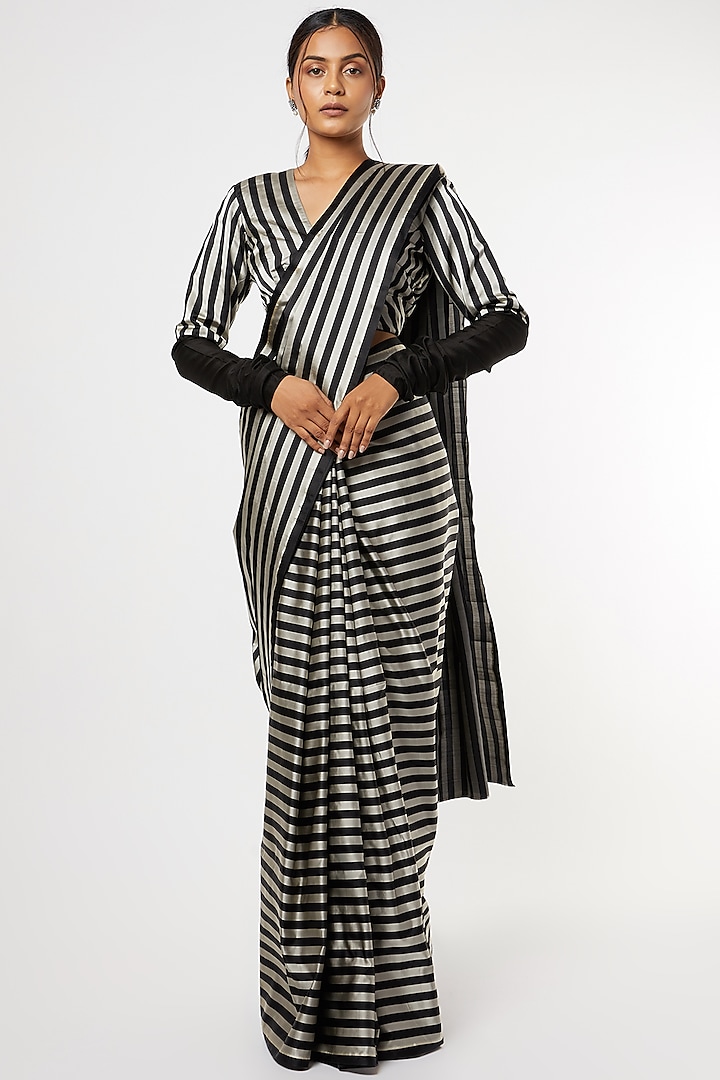 Black Zardosi Embroidered Striped Blouse by Mimamsaa