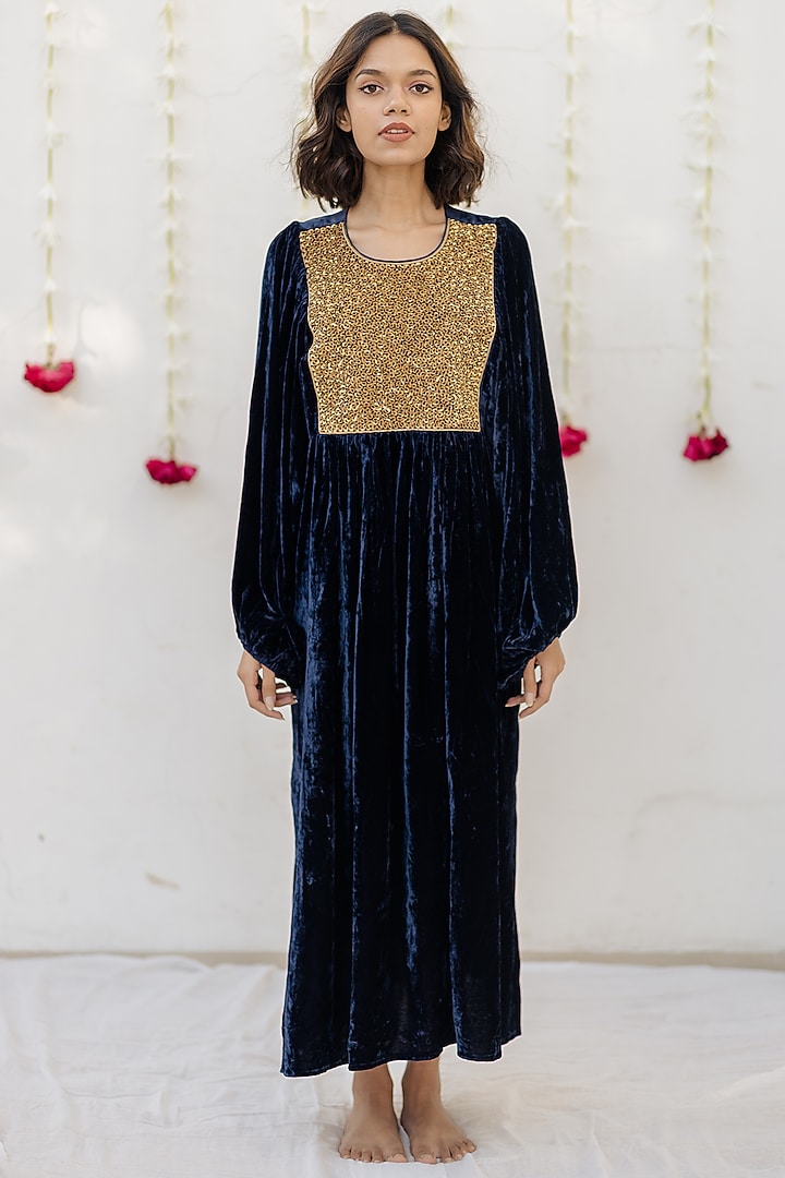 Navy Blue Embroidered Kaftan Dress by Mimamsaa at Pernia's Pop Up Shop