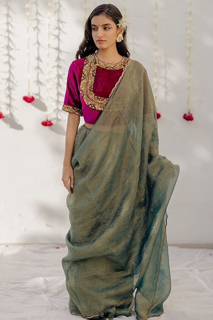 Aegean Teal Embroidered Woven Saree Set by Mimamsaa