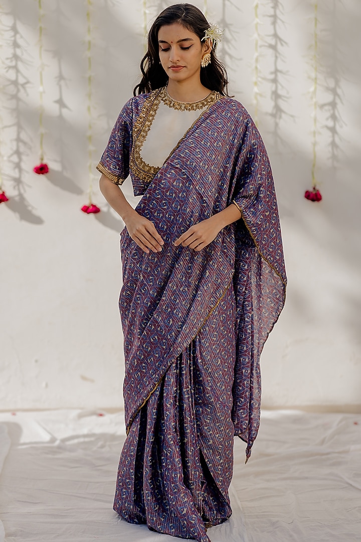 Lavender & Wine Embroidered Woven Saree Set by Mimamsaa