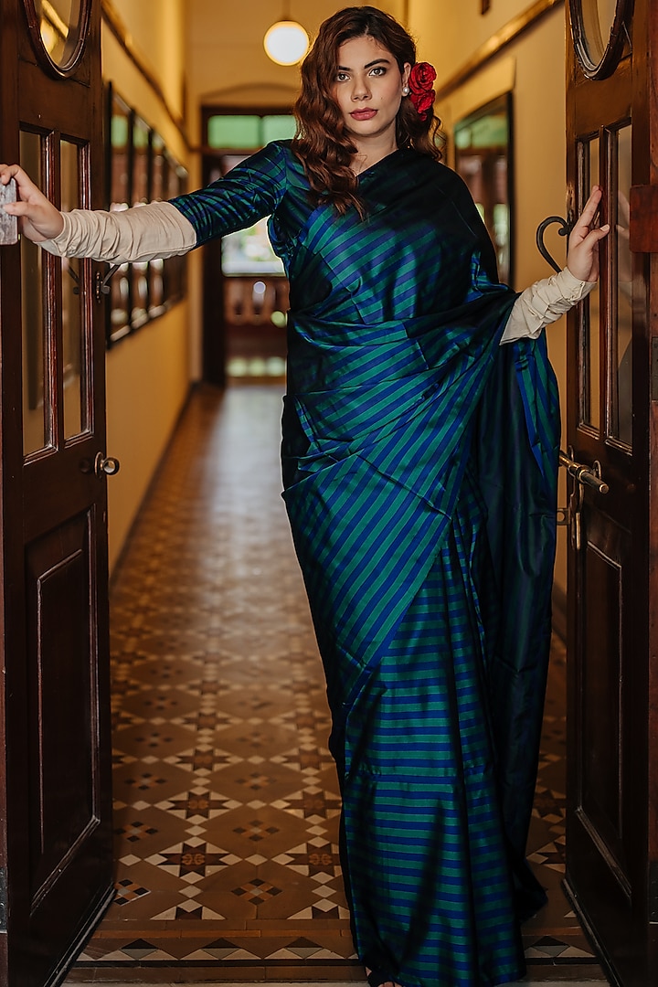 Green & Blue Striped Handwoven Saree Set by Mimamsaa at Pernia's Pop Up Shop