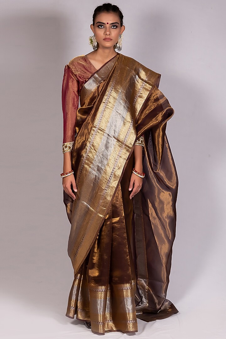 Brown Tissue Festive Saree Set by Mimamsaa at Pernia's Pop Up Shop