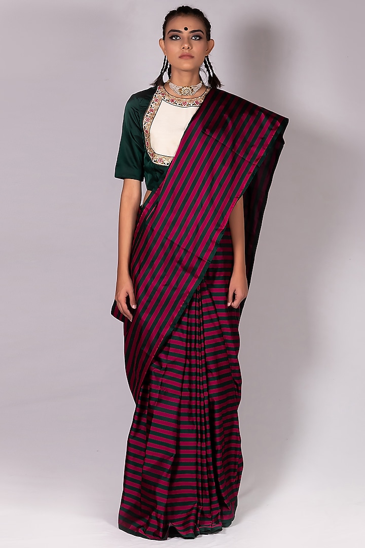 Fuchsia & Green Striped Handwoven Saree Set by Mimamsaa