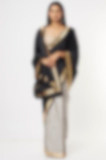 Grey & Black Satin Silk Color Blocked Wedding Saree Set by Mimamsaa at Pernia's Pop Up Shop