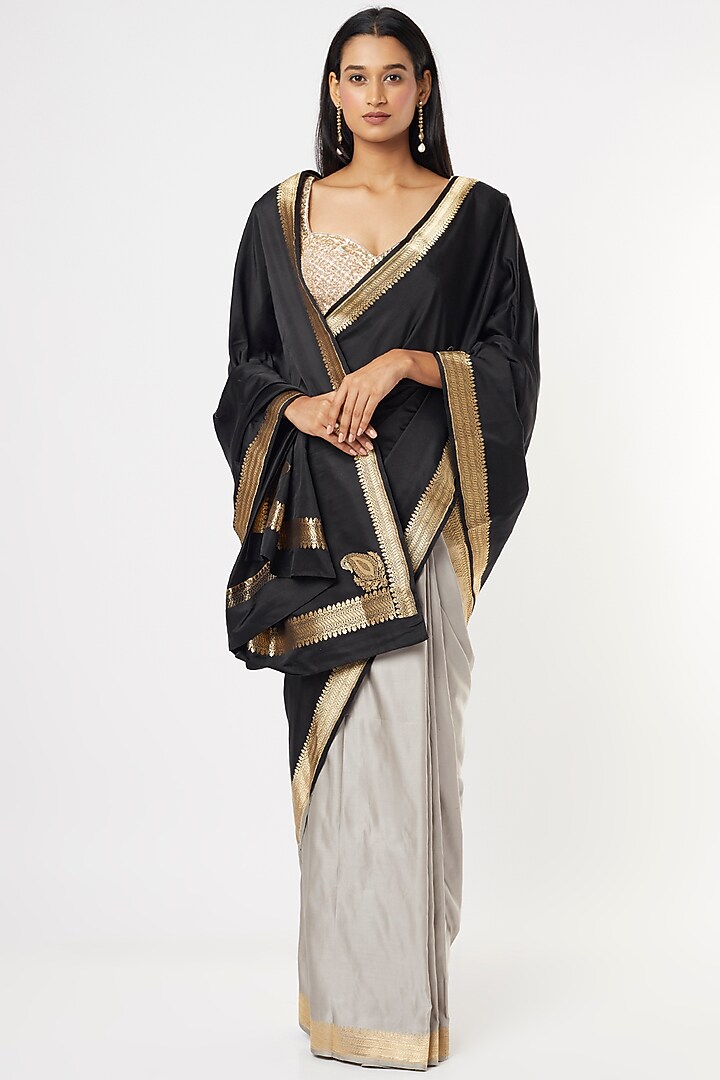 Grey & Black Satin Silk Color Blocked Wedding Saree Set by Mimamsaa at Pernia's Pop Up Shop