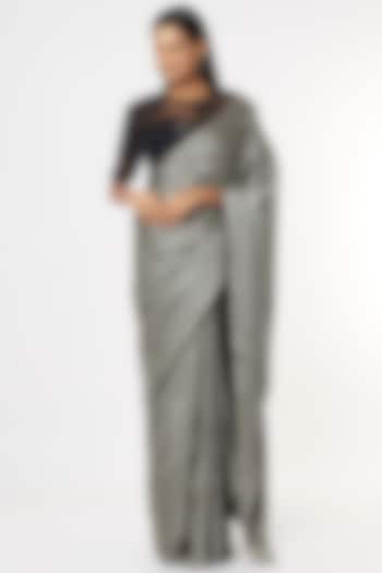Grey & Black Pure Satin Silk Stripe Printed Saree Set by Mimamsaa