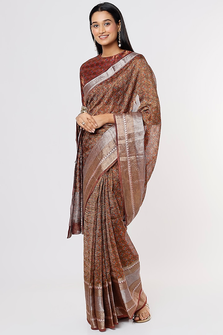 Brown Crushed Tissue Printed Saree by Mimamsaa