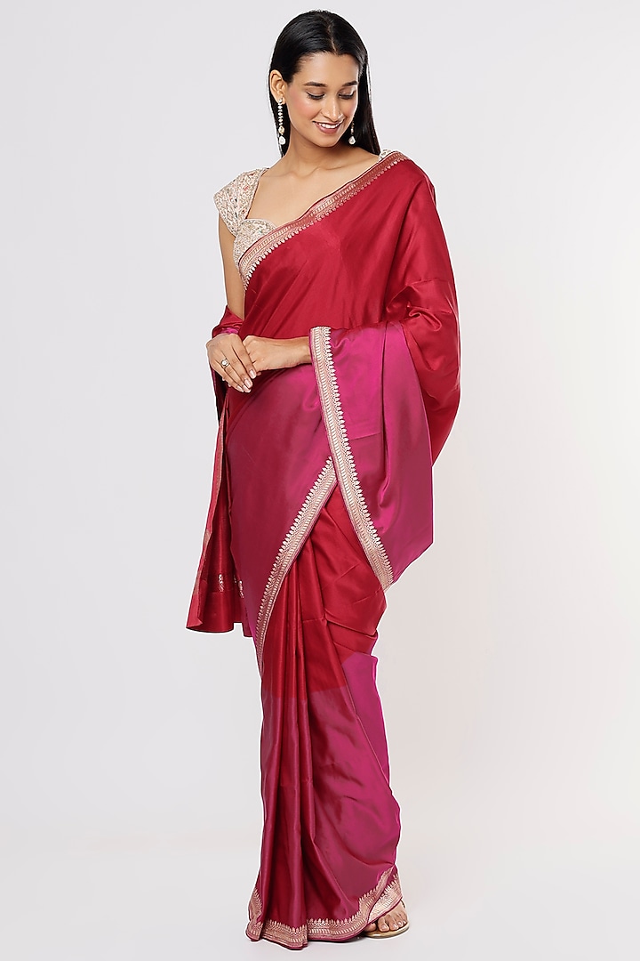 Red & Magenta Pure Satin Silk Zari Embroidered Saree Set by Mimamsaa