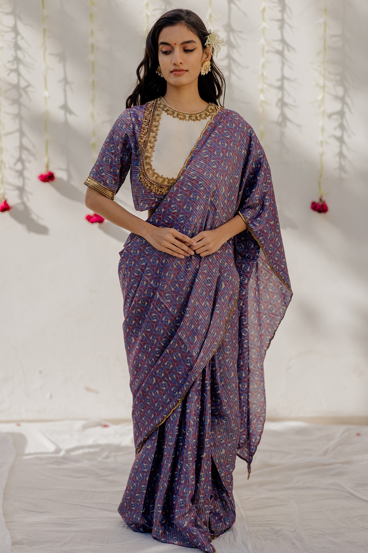 Light Purple Zari Striped Chiffon Saree With Tassels