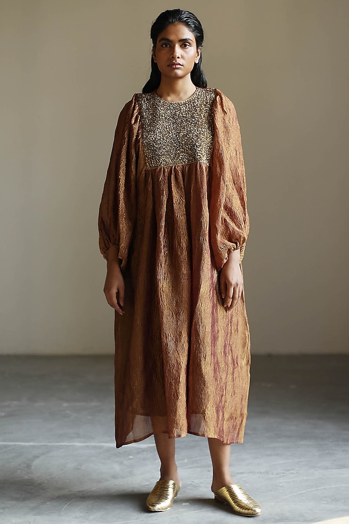 Cinnamon Embroidered Woven Kaftan With Underdress by Mimamsaa