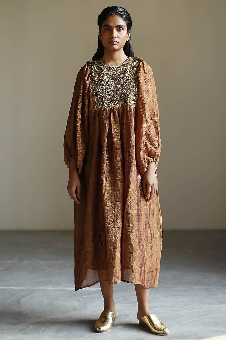 Cinnamon Embroidered Woven Kaftan With Underdress by Mimamsaa at Pernia's Pop Up Shop