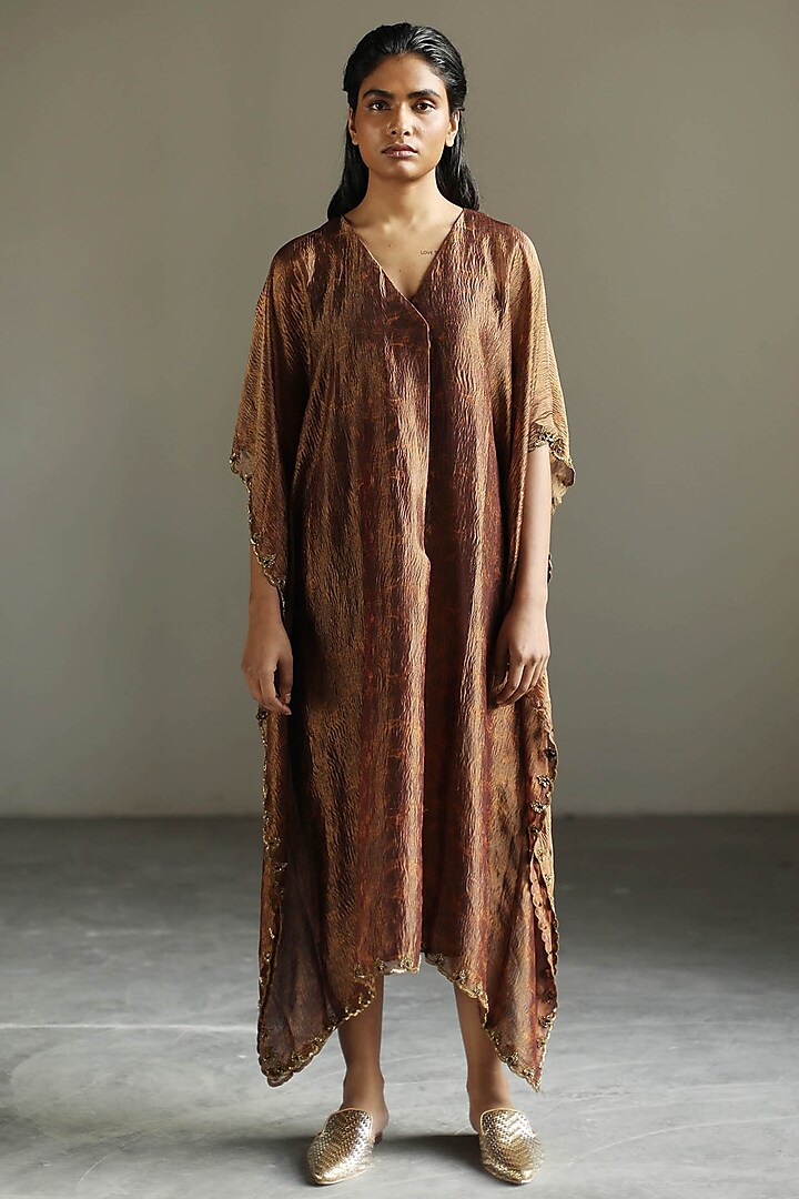Cinnamon Tissue Silk Woven Kaftan With Underdress by Mimamsaa