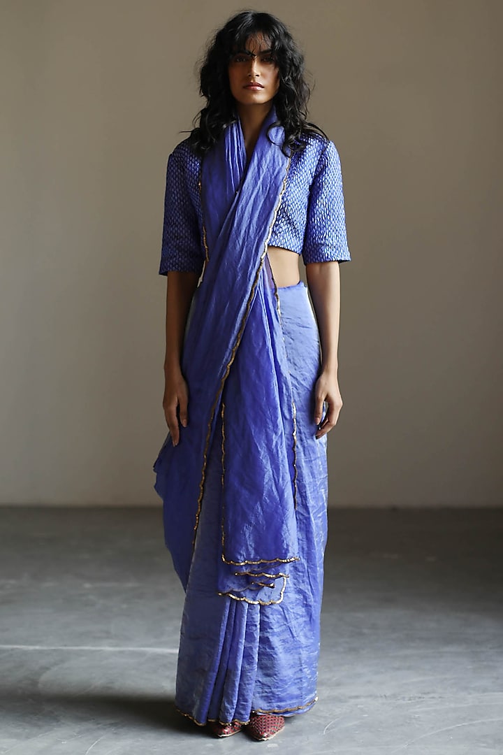Egyptian Blue Embroidered Woven Saree Set by Mimamsaa