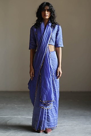 Egyptian Blue Embroidered Woven Blouse by Mimamsaa
