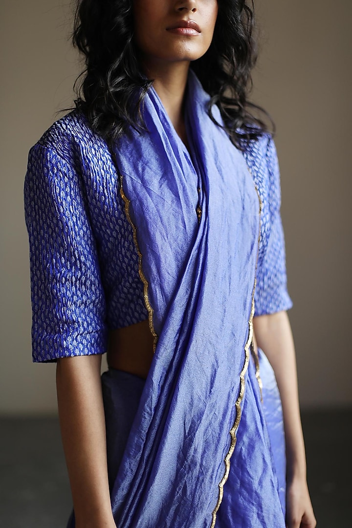 Egyptian Blue Embroidered Woven Blouse by Mimamsaa at Pernia's Pop Up Shop