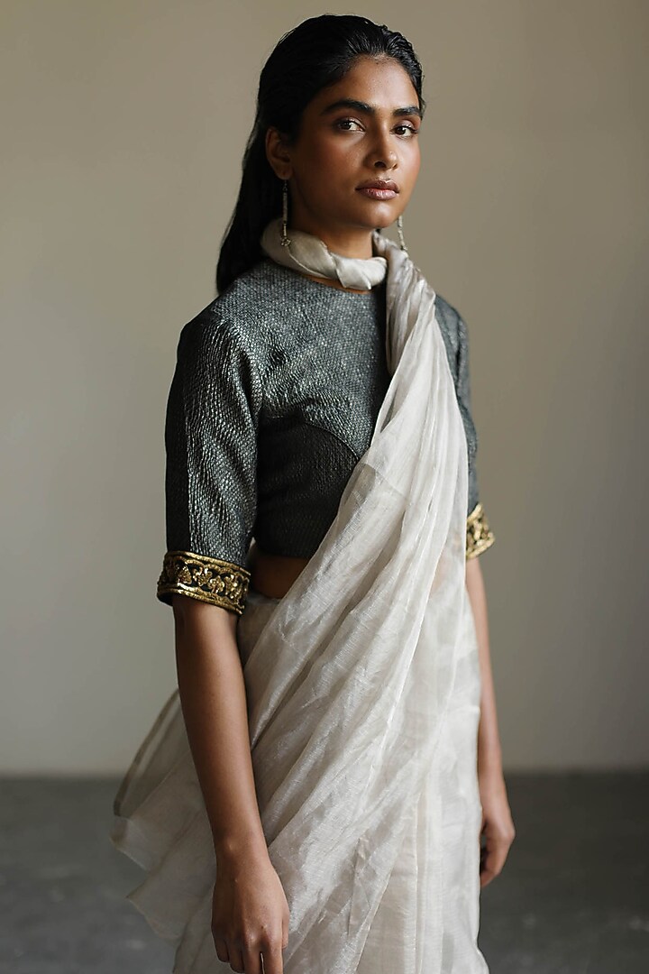 Off-White Embroidered Woven Wedding Saree Set by Mimamsaa at Pernia's Pop Up Shop