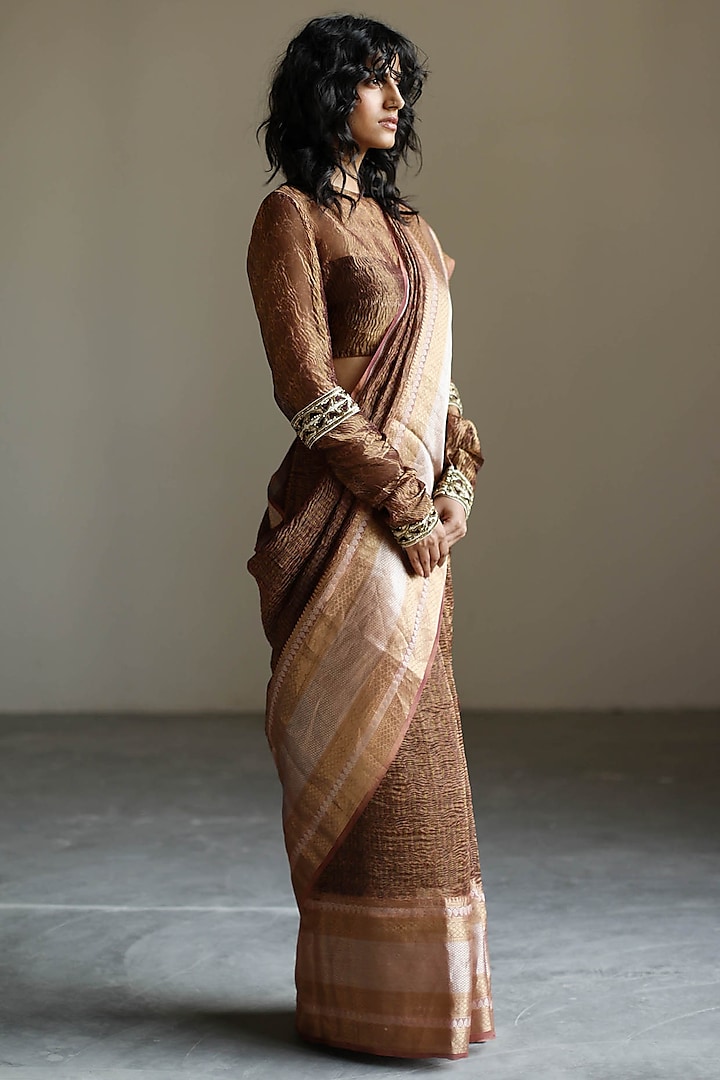 Garnet Brown Tissue Silk Embroidered Woven Saree Set by Mimamsaa