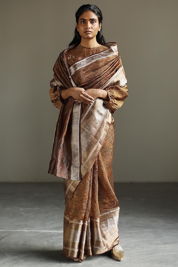 Cinnamon Tissue Silk Embroidered Woven Saree Set by Mimamsaa