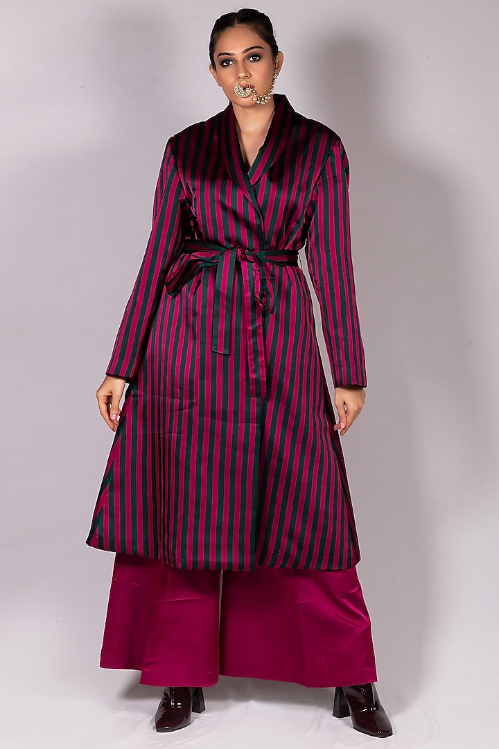 Magenta & Green Handwoven Striped Jacket by Mimamsaa
