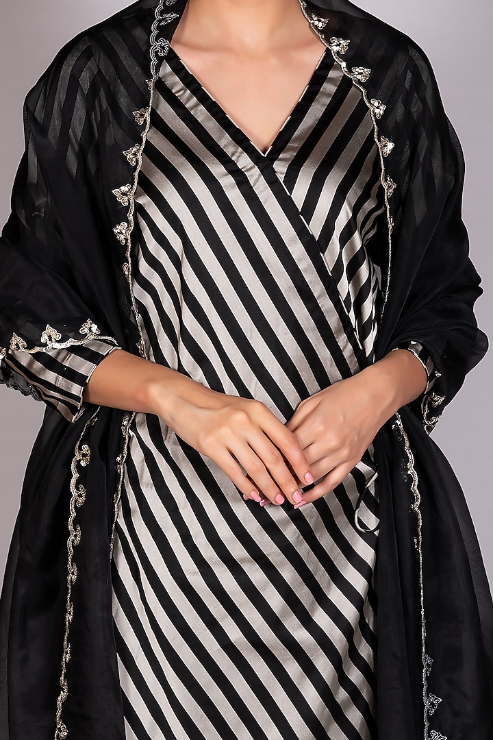 Black & Silver Handwoven Angrakha Kurta Set by Mimamsaa at Pernia's Pop Up Shop