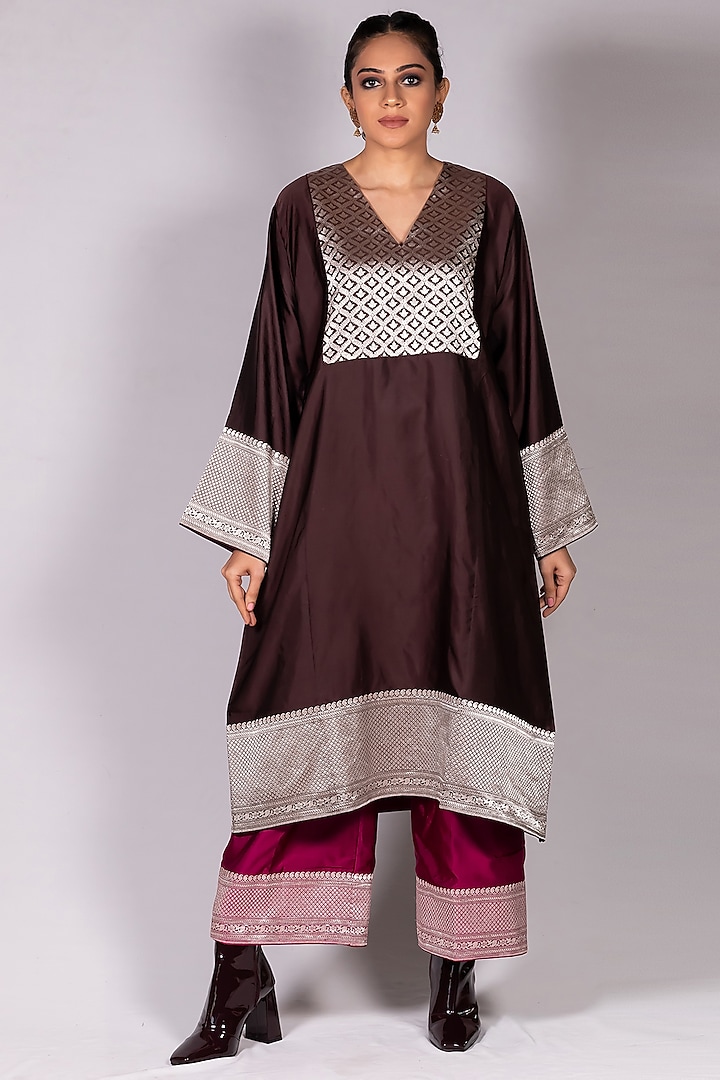 Brown Handwoven Kalidar Kurta Set by Mimamsaa