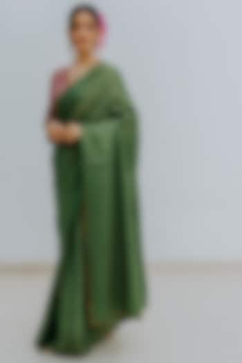 Emerald Green Handwoven Striped Saree Set by Mimamsaa at Pernia's Pop Up Shop