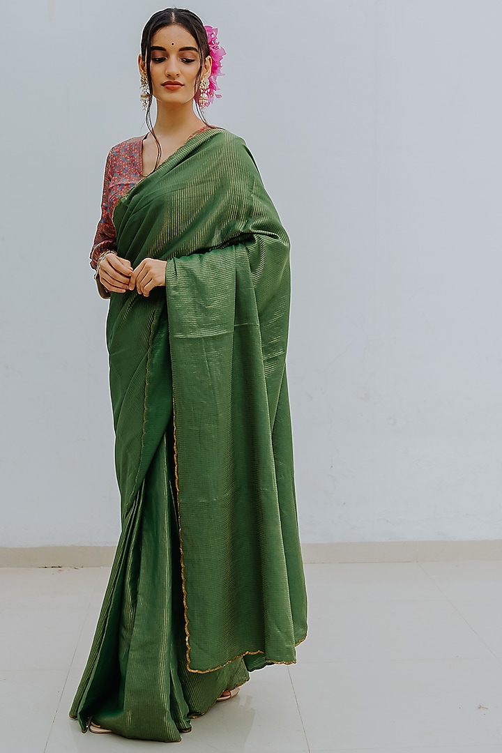 Emerald Green Handwoven Striped Saree Set by Mimamsaa