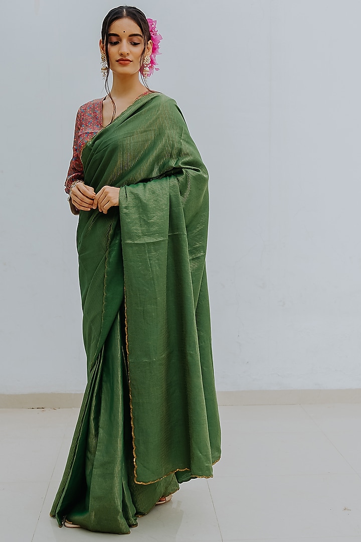 Emerald Green Handwoven Striped Saree Set by Mimamsaa at Pernia's Pop Up Shop